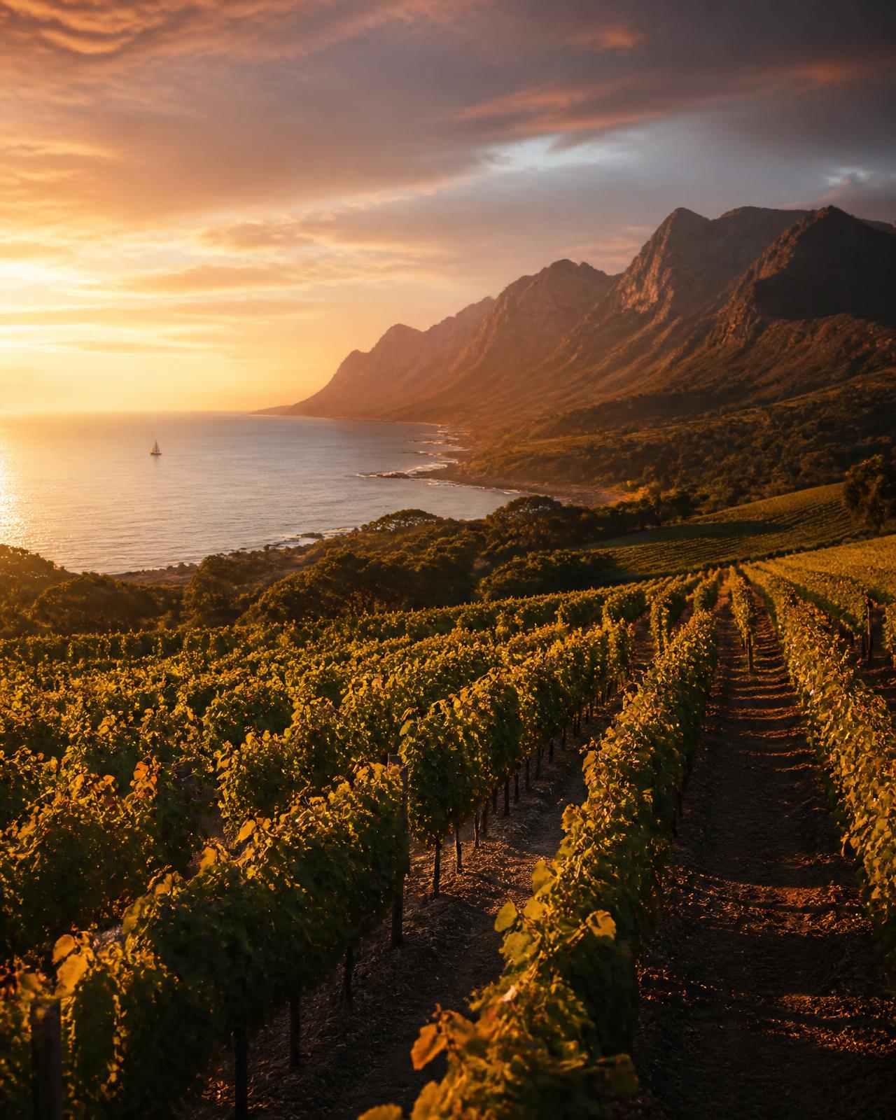 Cape winelands vineyard rows at golden hour above the Atlantic coastline